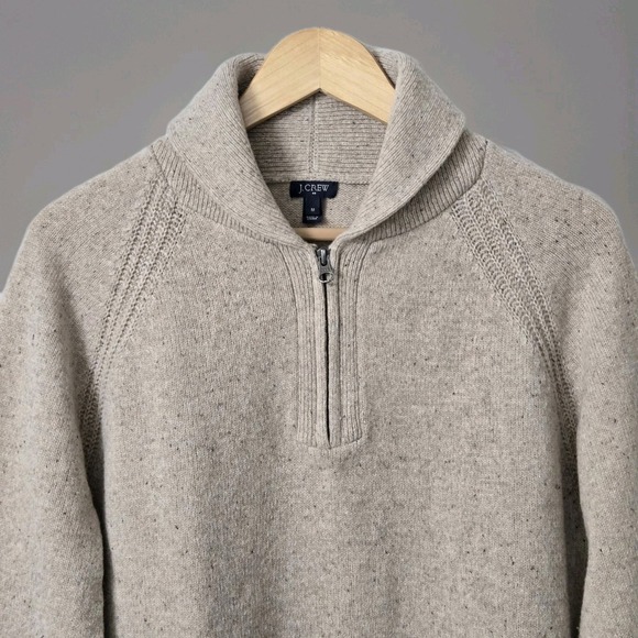 J CREW Men's Lambswool Blend Sweater Sz M Light Brown Shawl Collar Zip Neck - Picture 2 of 11
